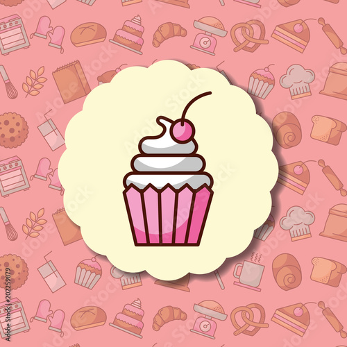 cupcake and berry label dessert bakery background vector illustration