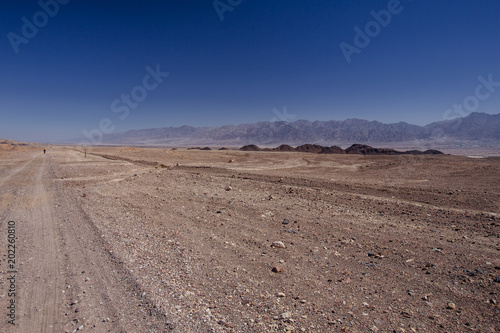 Way in the desert in the Israil in sunny day with red mountains and blue sky