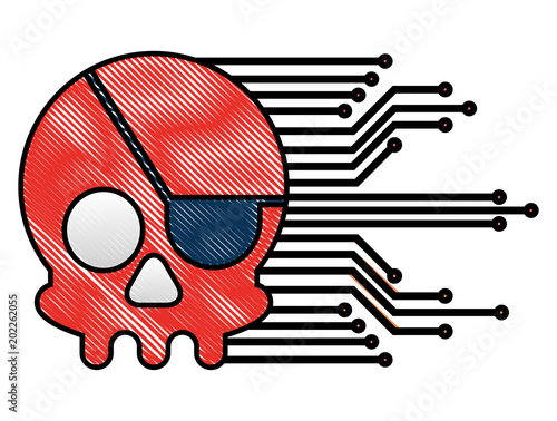 cyber security skull piracy crime technology circuits vector illustration