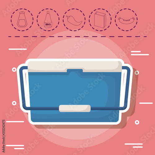cooler and picnic related icons over pink background, colorful design. vector illustration