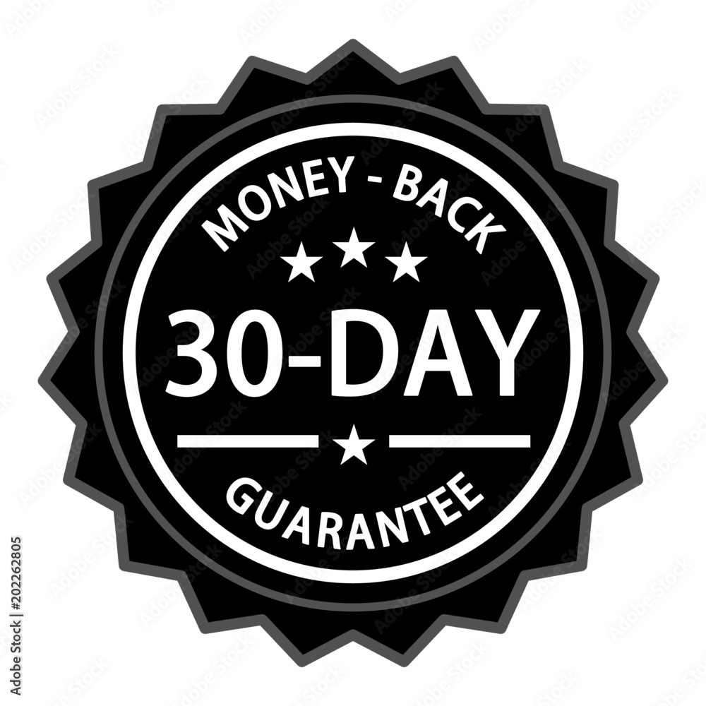 Money back with a thirty day guarantee label on white