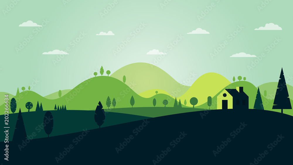 Green silhouette forest landscape with house and mountains abstract background.Vector illustration.