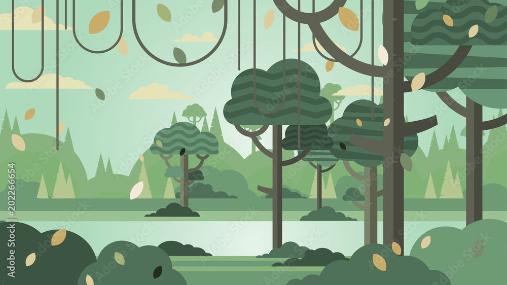 Naklejka premium Zielony las sylwetka krajobraz natura streszczenie tło Płaska konstrukcja.Ilustracja wektorowa