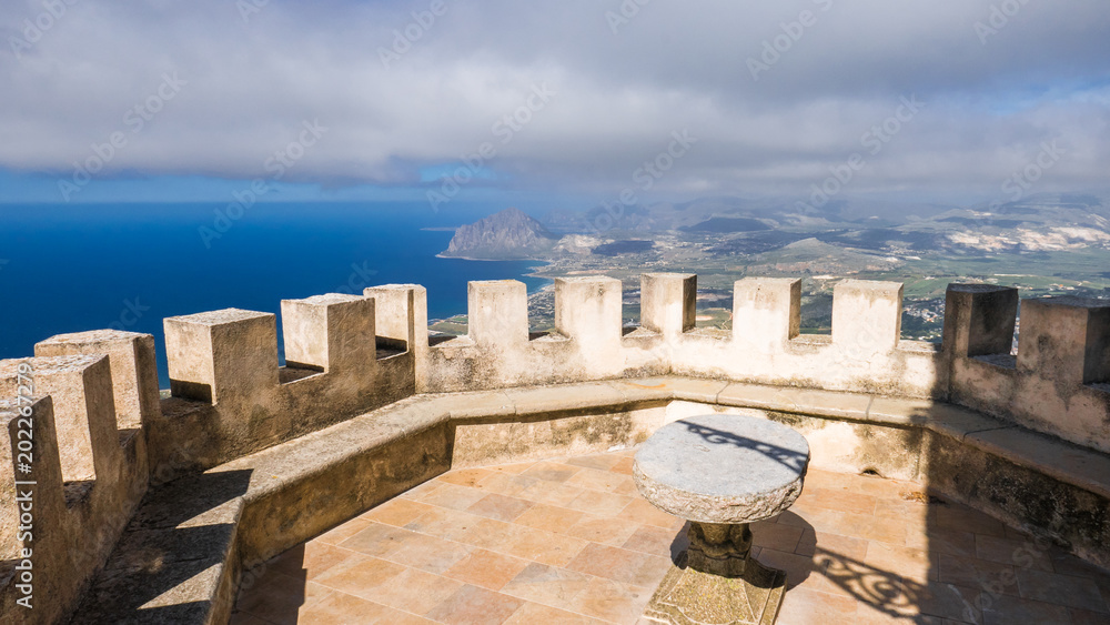 Panoramic terrace of the Castle of Venus, over the Gulf of Trapani, with stone table where to get a terrific aerial view on the Mediterranean Sea. - Erice, Trapani, Sicily, Italy