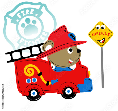 Funny fire rescue, vector cartoon illustration