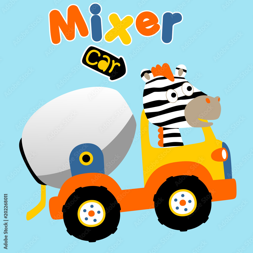 zebra drive a mix truck, vector cartoon illustration zebra drive a mix truck, vector cartoon illustration