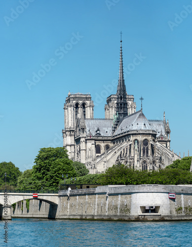 Paris, Notre Dame and Seine river in sunny day, France, vertical
