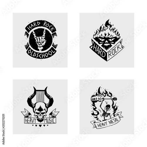 Heavy rock music vector badge vintage label with punk skull symbol hard rock-n-roll sound sticker emblem illustration
