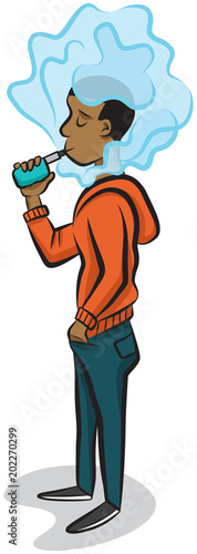 A teenager vapes on a e-cigarette