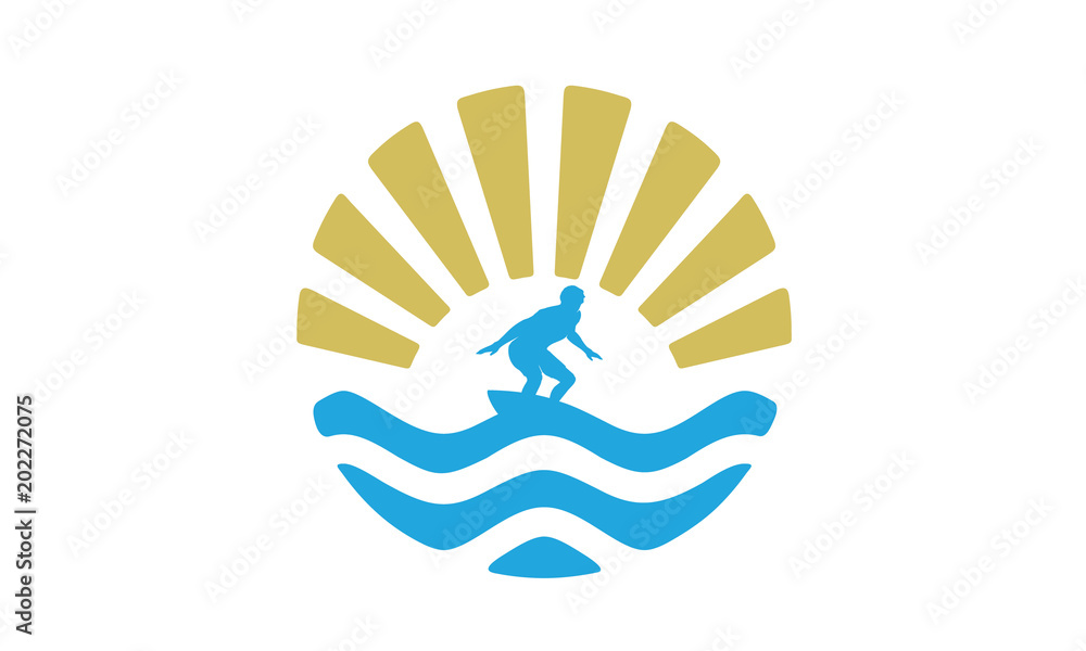 Surfer on Summer Sea Wave Ocean Logo, Surfing Sun logo design inspiration Surfer on Summer Sea Wave Ocean Logo, Surfing Sun logo design inspiration