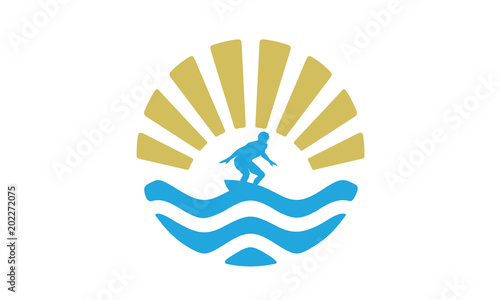 Surfer on Summer Sea Wave Ocean Logo, Surfing Sun logo design inspiration