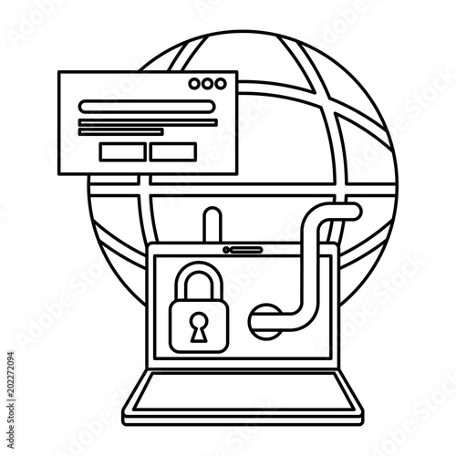 cyber security global laptop worm padlock card bank vector illustration outline