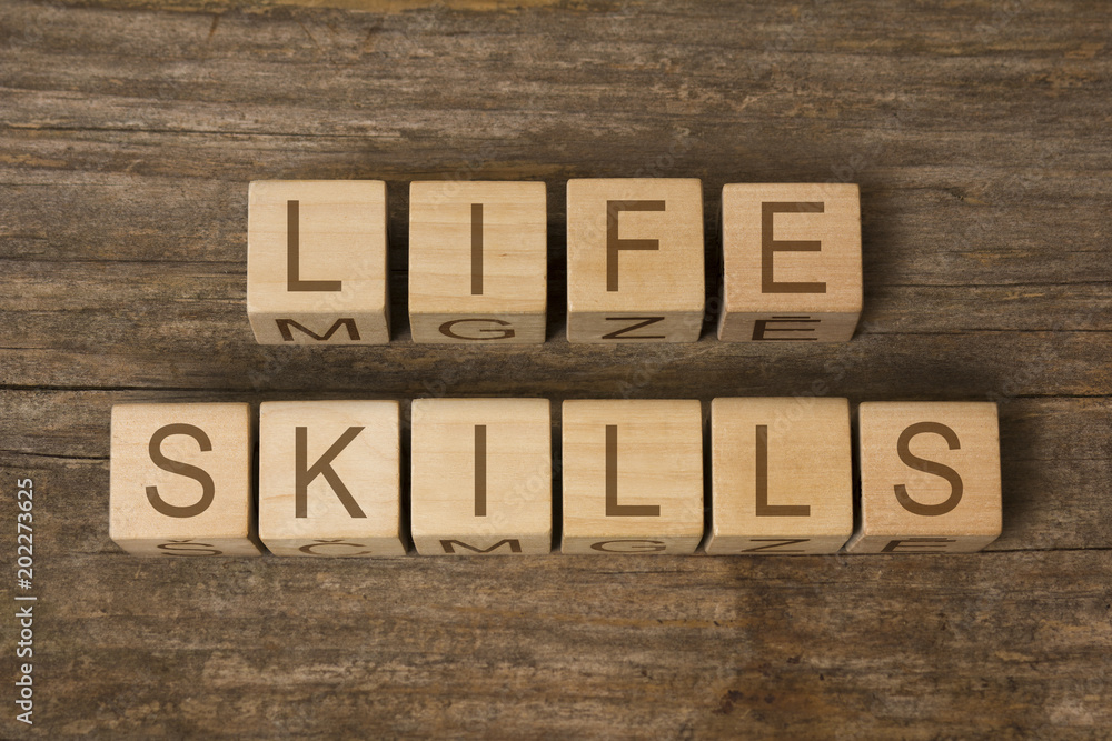 LIFE SKILLS text on wooden toy cubes
