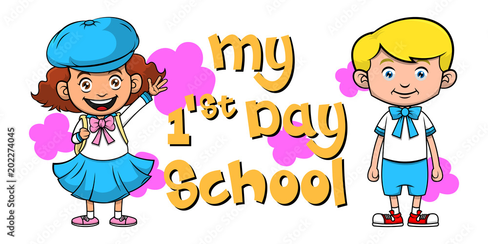 My First Day School Cartoon Characters Stock Vector | Adobe Stock