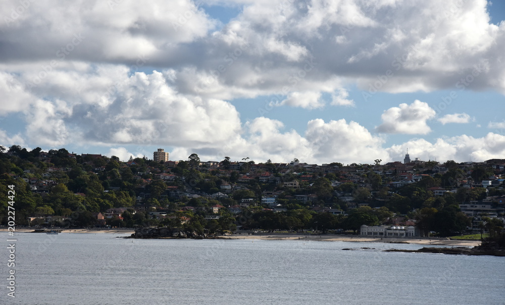 View of Mosman, Balmoral beach and  the Bathers Pavillion from Castle Rock Beach, at Dobroyd Head.