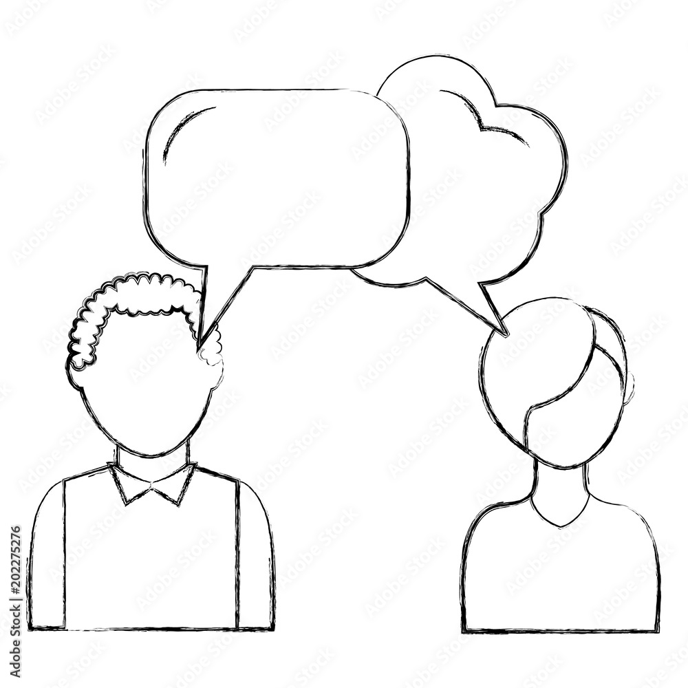dialog between man and woman with text bubbles vector illustration sketch