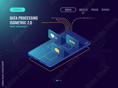 Media social network, incoming massage, mobile application development, social engineering, smartphone with like and message icons dark neon isometric vector