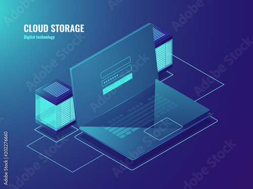 Cloud file storage, server room, data center access, laptop screen with user sign in form, database neon isometric vector