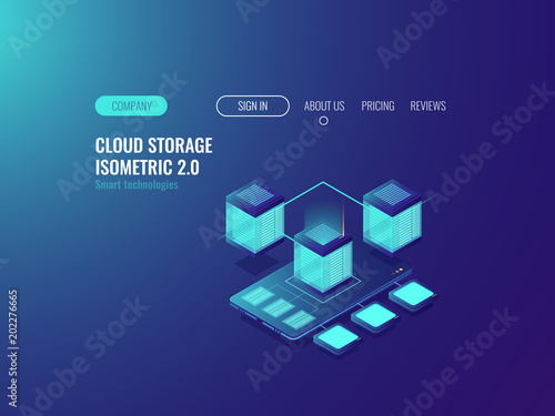 Smartphone with database icon, download files from cloud server, data center and databese concept, vpn technology and proxy servers neon isometric vector