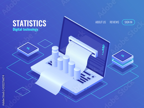 Statistic and analysis concept, data processing result, economic report, electron bill, billing system isometric vector