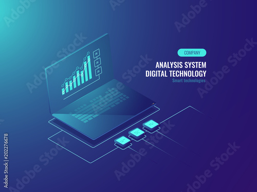 Bigdata report, data statistics on screen of laptop, Business and data charts, incoming information isometric vector illustration