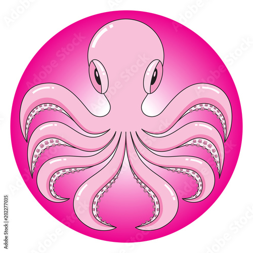 Octopus Icon Cartoon in Pink Colour with round background