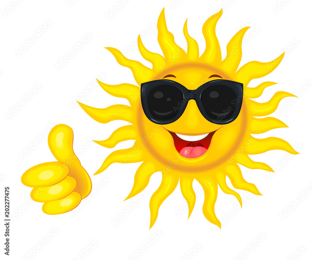 The sun is in goggles.A merry cartoon sun in protective glasses from the sun The sun is in goggles.A merry cartoon sun in protective glasses from the sun