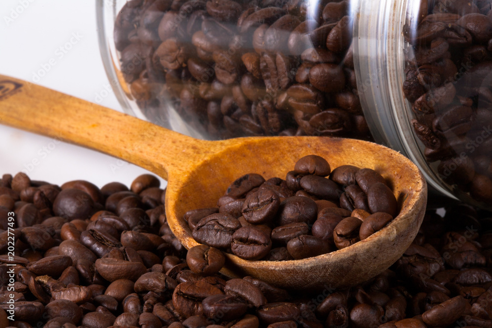 Fototapeta premium Grain of coffee, beans and spoon