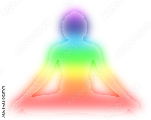 Yoga Meditation Pose with seven Energy Aura chakra light isolated on White background gradient illustration red orange yellow green blue purple deep indigo white  photo