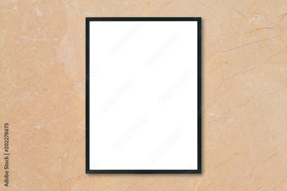 Mock up blank poster picture frame hanging on brown marble wall background in room - can be used mockup for montage products display and design key visual layout. Mock up blank poster picture frame hanging on brown marble wall background in room - can be used mockup for montage products display and design key visual layout.