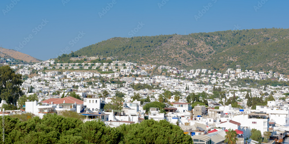 Aerial view of  Bodrum houses from top of St. Peter Castle or Bodrum Castle