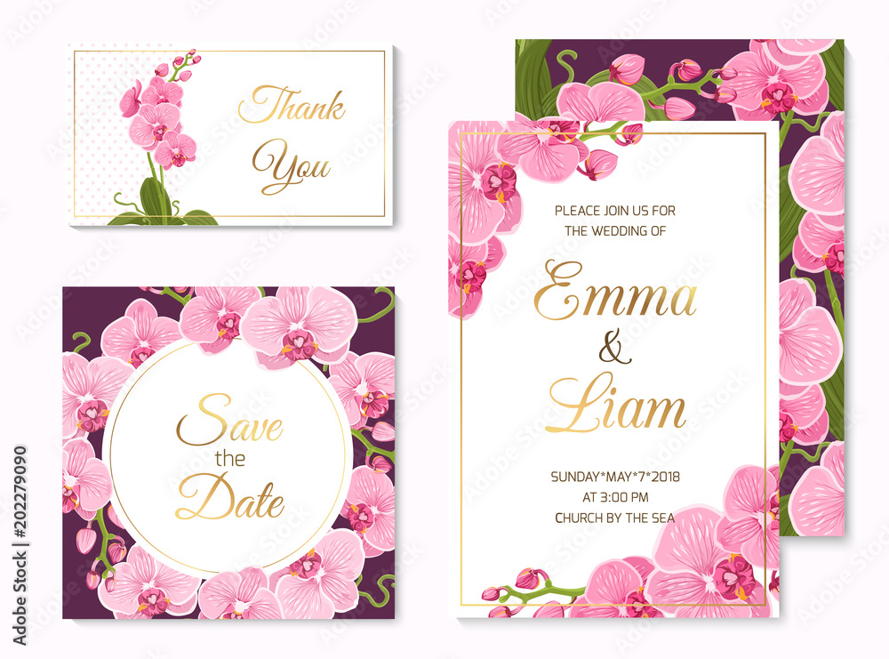 Fototapeta Wedding event invitation save the date RSVP thank you card template set. Pink purple exotic orchid phalaenopsis flowers. Shiny golden text title placeholder. White and violet background.