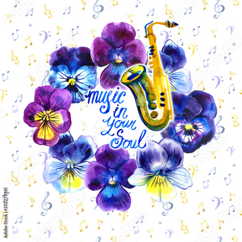 Music frame with summer and spring flowers, notes. Hand drawn watercolor illustration. photo