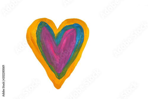 drawing of a multi-colored heart hand drawn isolated on a white background close-up, a symbol of love