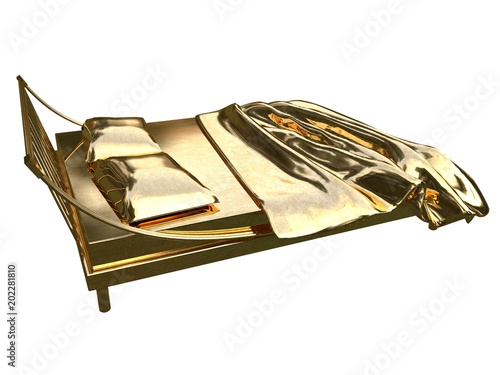 3d rendering of a golden bed isolated on a white background