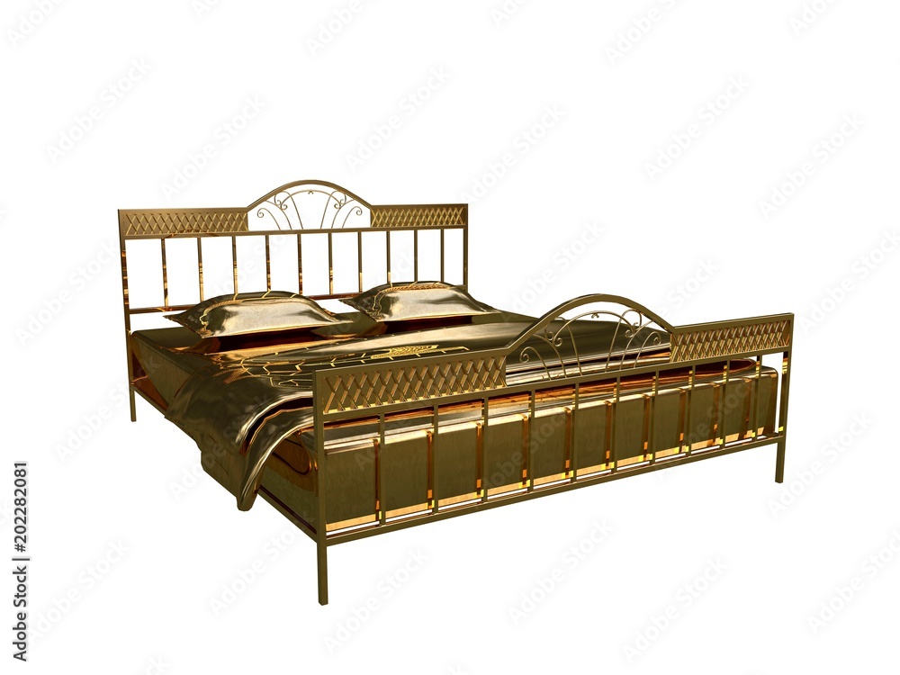 3d rendering of a golden bed isolated on a white background 3d rendering of a golden bed isolated on a white background