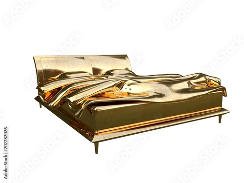 3d rendering of a golden bed isolated on a white background