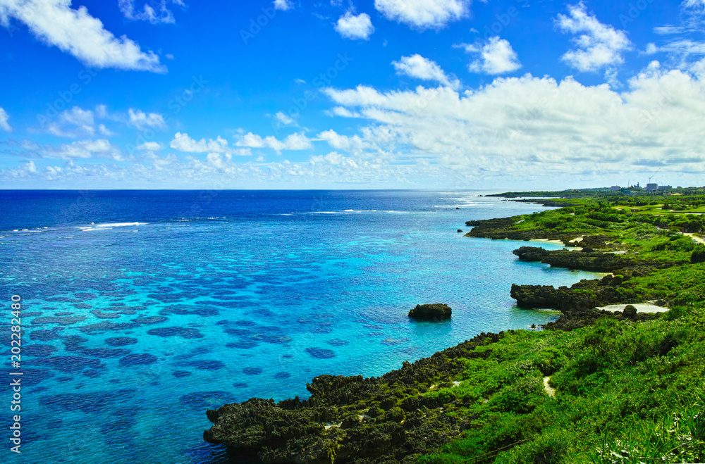 Fototapeta premium 真夏の宮古島。イムギャーマリンガーデンからみる珊瑚礁の海