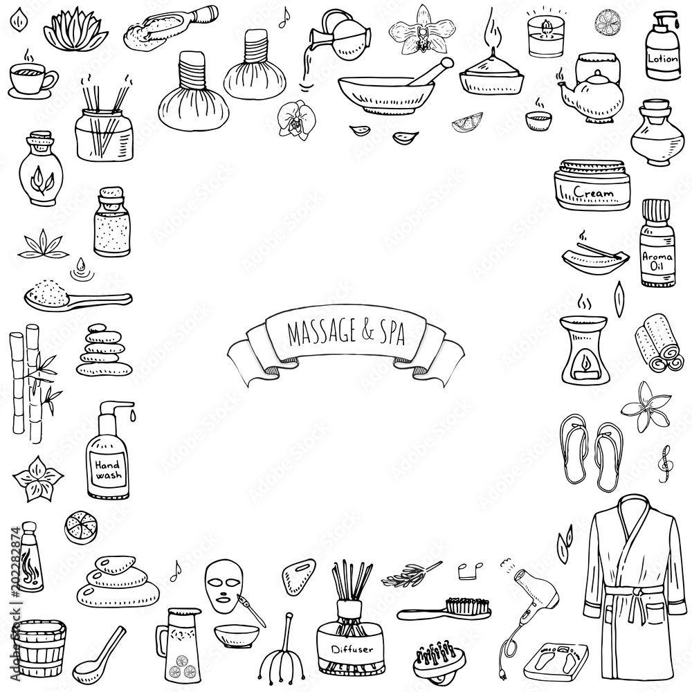 Hand drawn doodle Massage and Spa icons set Vector illustration relaxing symbols collection Cartoon beauty care concept elements health care Wellness treatment Body massage Lifestyle Skin care Spa Hand drawn doodle Massage and Spa icons set Vector illustration relaxing symbols collection Cartoon beauty care concept elements health care Wellness treatment Body massage Lifestyle Skin care Spa