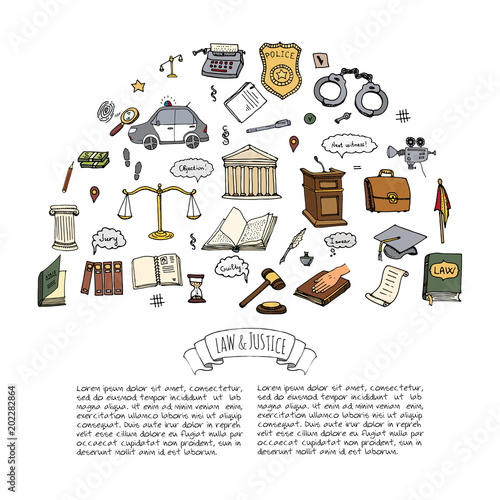 Hand drawn doodle Law and Justice icons set Vector illustration law sketchy symbols collection Cartoon law concept elements suitable for info graphics, websites and print media. Black and white icons