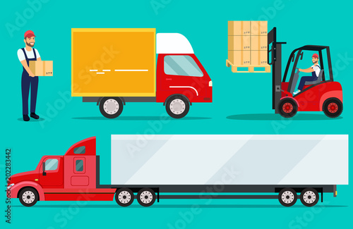 Logistics illustrations set. Workers loading and unloading trucks with forklifts car. Vector flat style illustration