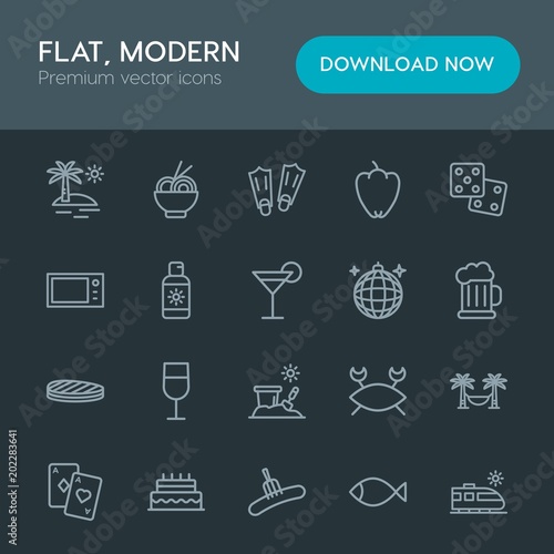 Modern Simple Set of food  drinks  travel Vector outline Icons. Contains such Icons as poker   travel  food   pasta   beautiful   pork   game and more on dark background. Fully Editable. Pixel Perfect