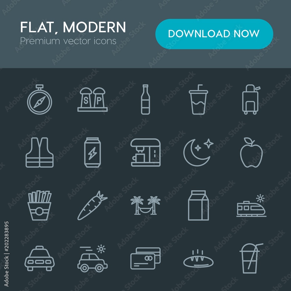 Modern Simple Set of food, drinks, travel Vector outline Icons. Contains such Icons as  vegetable,  cold,  debit,  travel, beverage,  white and more on dark background. Fully Editable. Pixel Perfect