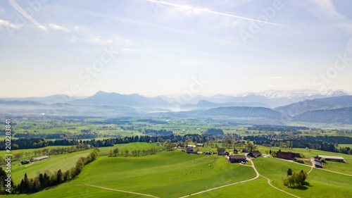 Panoramic view of idyllic mountain scenery in the Alps with fresh green meadows in bloom on a beautiful sunny day © TUX