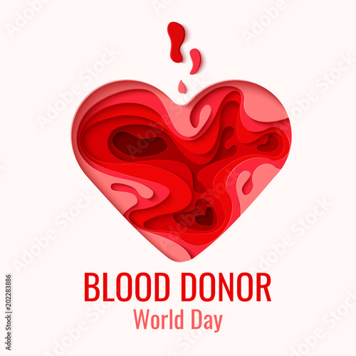 World Blood Donor Day concept background. Awareness vector banner with red paper cut blood heart. Hemophilia day paper craft poster