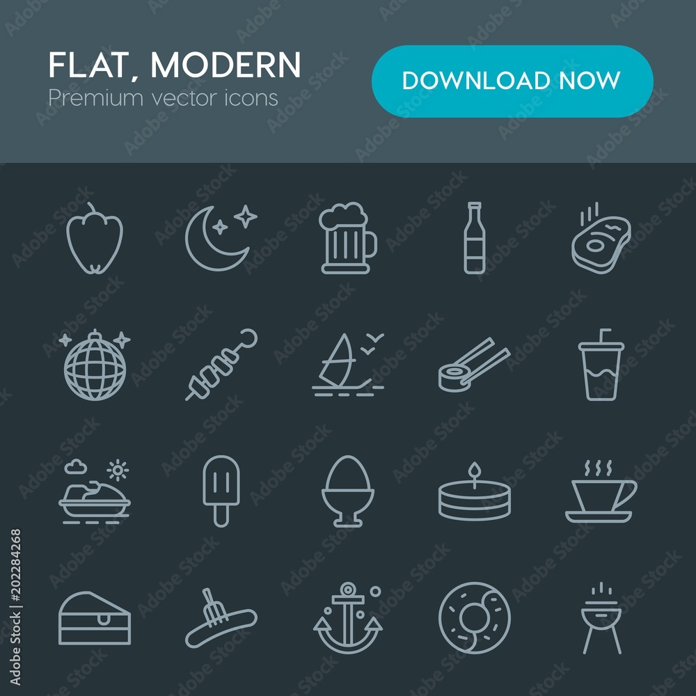 Modern Simple Set of food, drinks, travel Vector outline Icons. Contains such Icons as beverage, night, coffee, steak, sweet, cream, hot and more on dark background. Fully Editable. Pixel Perfect Modern Simple Set of food, drinks, travel Vector outline Icons. Contains such Icons as beverage, night, coffee, steak, sweet, cream, hot and more on dark background. Fully Editable. Pixel Perfect
