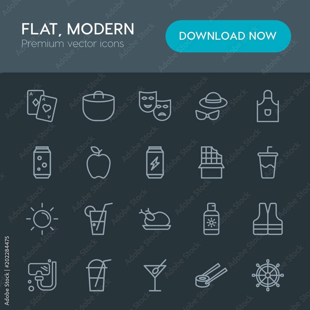 Modern Simple Set of food, drinks, travel Vector outline Icons. Contains such Icons as alcohol,  coffee, life,  casino,  game,  light,  deck and more on dark background. Fully Editable. Pixel Perfect