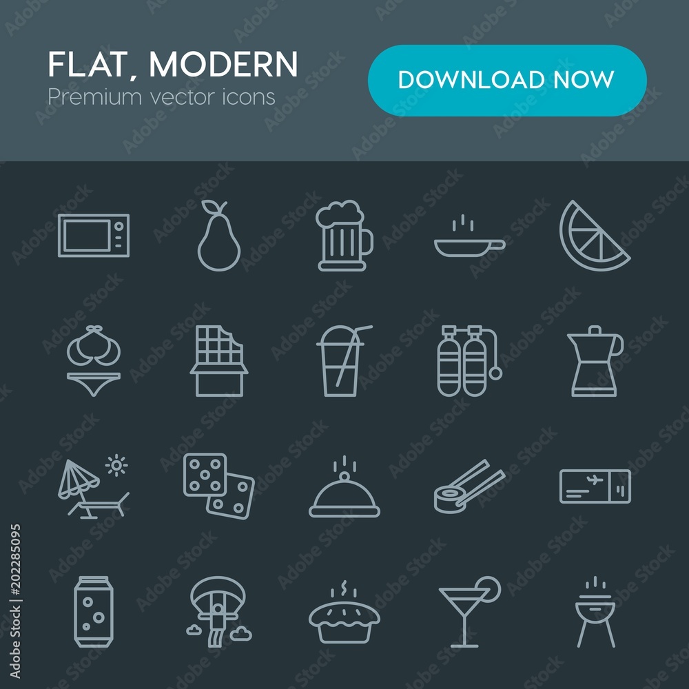 Modern Simple Set of food, drinks, travel Vector outline Icons. Contains such Icons as cocktail, sweet, sky, parachute, barbecue, glass and more on dark background. Fully Editable. Pixel Perfect Modern Simple Set of food, drinks, travel Vector outline Icons. Contains such Icons as cocktail, sweet, sky, parachute, barbecue, glass and more on dark background. Fully Editable. Pixel Perfect