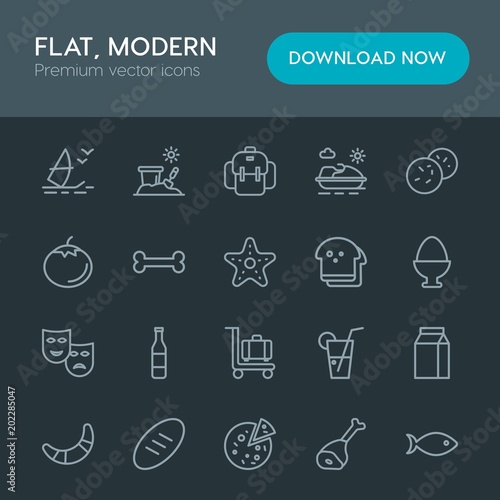 Modern Simple Set of food, drinks, travel Vector outline Icons. Contains such Icons as bucket, wave, drink, beach, dessert, italian and more on dark background. Fully Editable. Pixel Perfect