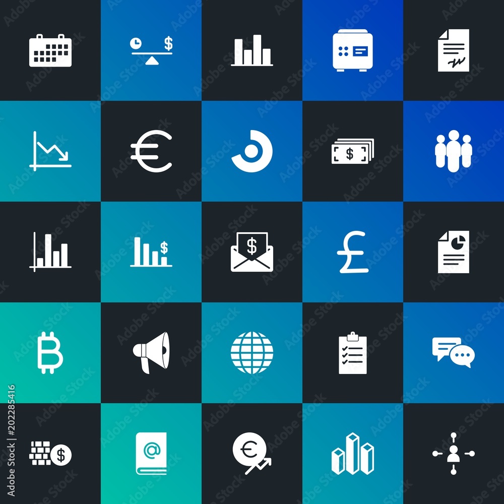 Modern Simple Set of business, money, charts Vector fill Icons. Contains such Icons as  envelope,  data, agreement,  day,  cent and more on dark and gradient background. Fully Editable. Pixel Perfect.